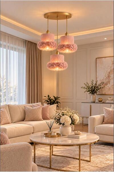 Elizim Home Lighting Alessa 3’lü Tütü Avize – Eskitme Tepsili Pudra Tül Başlı...