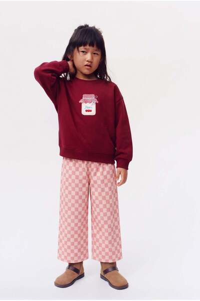 Magu Kız Çocuk Pamuklu Baskılı Bordo Sweatshirt ve Eşofman Takımı
