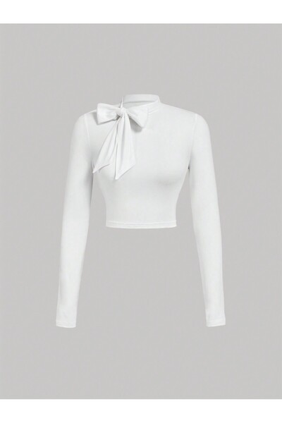 WEEST MODA beyaz Kadın Fiyonk Yaka Uzun Kollu Crop Bluz
