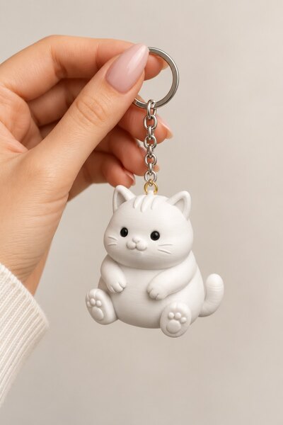 Sevimli Tombul Kedi Anahtarlık 3D Figürlü Beyaz Kedi Çanta ve Anahtar Süsü