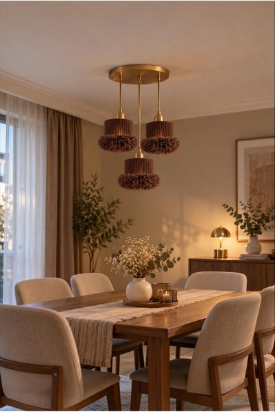 Elizim Home Lighting Alessa 3’lü Tütü Avize – Eskitme Tepsili Kahverengi Tül ...