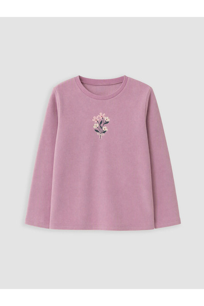 LC Waikiki Lilac Embroidered Girls' Fleece Pajama Top