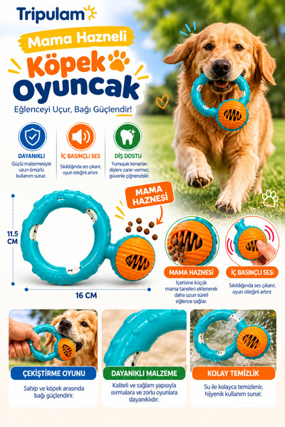 TRİPULAM Dayanıklı Mama Hazneli Köpek Oyuncağı – Sesli Dayanıklı Halatlı Çeki...