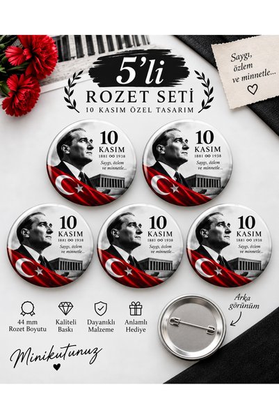 Tasarım Minikutunuz 10 Kasım Atatürk Rozeti 5’li Set – Türk Bayraklı İğneli Y...