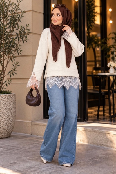 ASTEMİA Women's Lace Detailed Crew Neck Knitwear Sweater Sb0069
