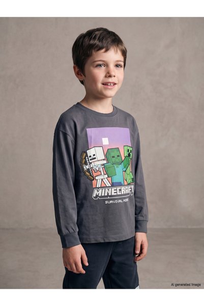 LC Waikiki Tricou de băieți cu guler rotund și imprimeu Minecraft