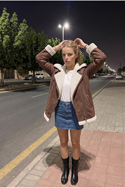 WeShaya Women's New Season, Brown, Leather, Zippered, Fur, Suede Coat