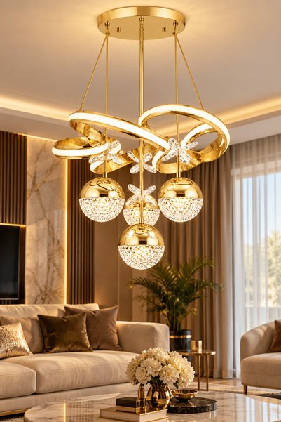 Ulucam Aydınlatma Çizgili Eylül 4 Top Gold 3 Renk LED Avize Modern Salon Aydı...