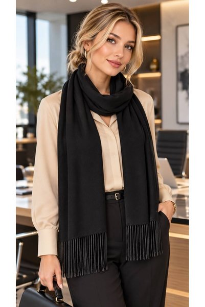 FELLMENS Șal de damă din satin negru cu ciucuri 170x16 cm
