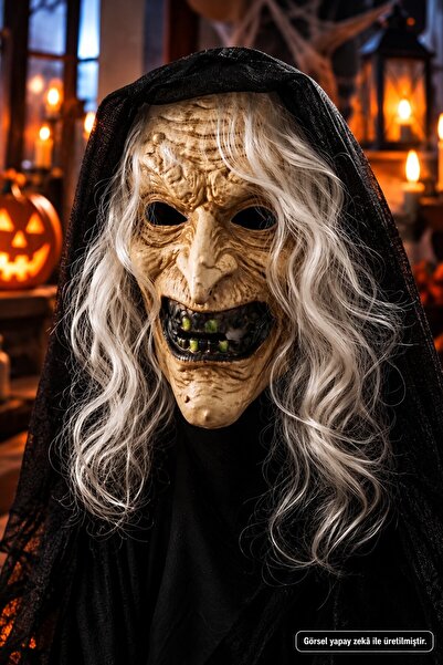 TOYFEST Cadı Maskesi Gri Saçlı Korkunç Yaşlı Cadı Halloween Korku Kostüm Maskesi