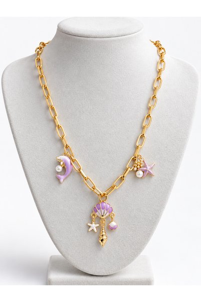 Bluw Jewelry قلادة لوناماري ذات طابع بحري على شكل دولفين ولؤلؤة من الفولاذ مقاس 60 سم