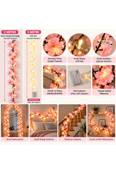 Doğahome Pembe Kiraz Çiçeği Sarmaşık 2 Metre + 3 Metre LED Işık Sıcak Beyaz Yapay Çiçek Dekorasyon