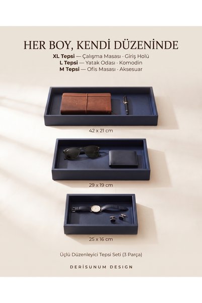 derisunum design Handmade Premium 3-Piece Leather Tray Set - Coffee Table, Entryway, Bathroom, Makeup, Jewelry, and Presentation Tray