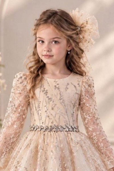 Riccotarz Girl's Beige Dress with Lace and Stone Embellishments and Bow Detail