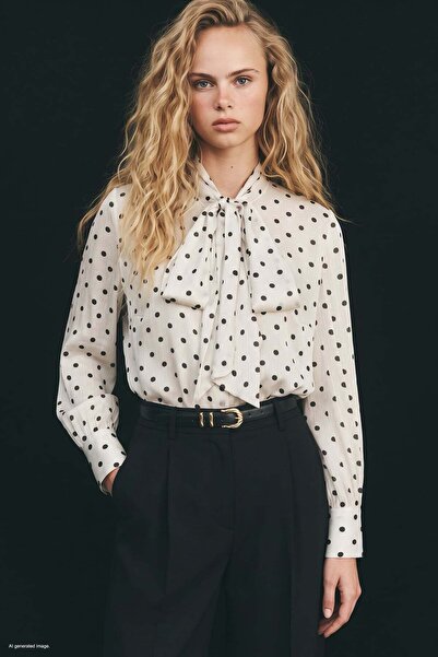 Sateen Polka Dot Patterned Scarf Shirt - Ecru-Black