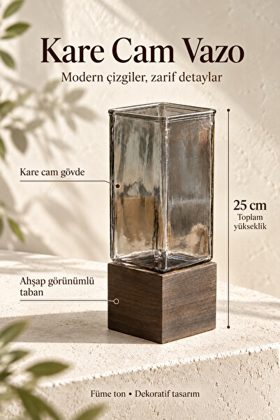 Noya Store Füme Cam Vazo Ahşap Görünümlü Tabanlı Dekoratif Masa ve Konsol Vazosu