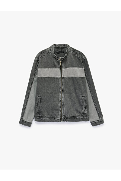 Koton Long Sleeve Cotton Color Block Zippered Stand Collar Jean Jacket