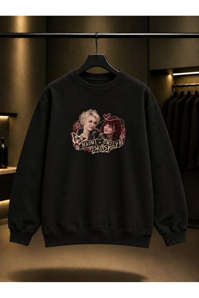 fame-stoned Skins Naomi Emily Printed Unisex 100% Cotton Black Crew Neck Swea...