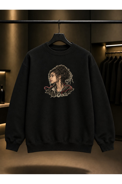 fame-stoned Skins Grace — Red Thread Printed Unisex 100% Cotton Black Crew Ne...