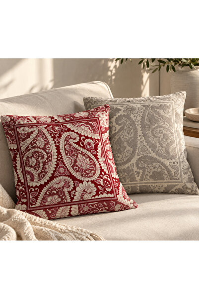 Paisley 2’li Jakarlı Kırlent Kılıfı 50x50 cm – Bej Vizon & Kırmızı