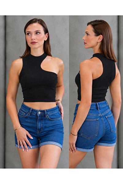 Asimetrik Yaka Omuz Detaylı Crop Bluz