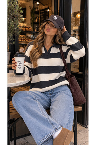 NİLZA New York Women's Burgundy Striped Oversize Polo Collar Knit Sweater