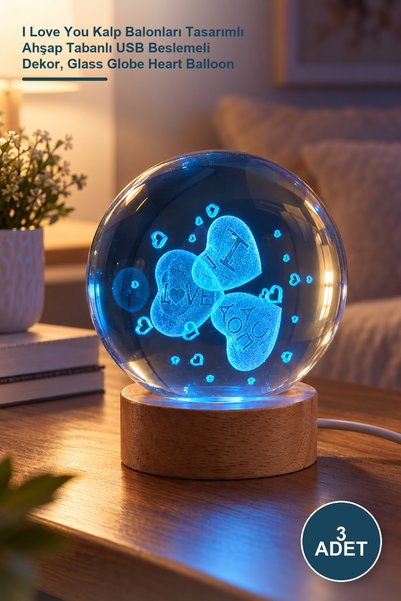 Yenilig 3 Adet Cam Küre – I Love You Kalp Balonları Tasarımlı Ahşap Tabanlı USB Beslemeli Dekor, Glass Globe Heart Balloon