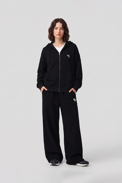 Eazy Co Women's Black Cotton Tracksuit Set Oversize Zippered Hooded Sweatshirt Loose Wide Leg Pants