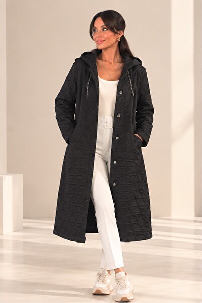 By Saygı Women's Hooded Chain Detailed Pocketed Wave Pattern Self-Lined Hoode...