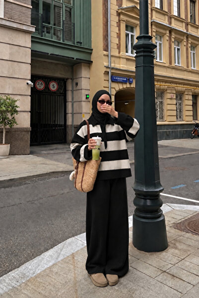 NİLZA Set de tricotaje cu dungi și guler polo, negru, pentru femei Dubai