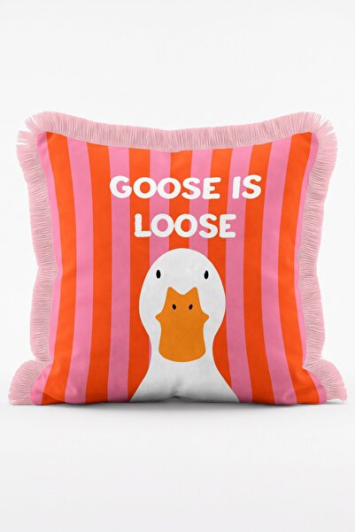 IdeCraft Goose Is Loose Yazılı Kaz Desenli Turuncu Pembe Çizgili Saçaklı Kırl...