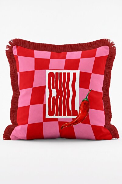 IdeCraft Chili Rosa Kırmızı Pembe Kareli Biber Desenli Retro Saçaklı Dekorati...