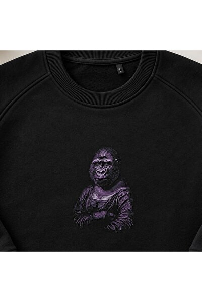 KEYFHOME Mona Lisa Parody Gorilla Embroidered Crew Neck Sweatshirt Unisex