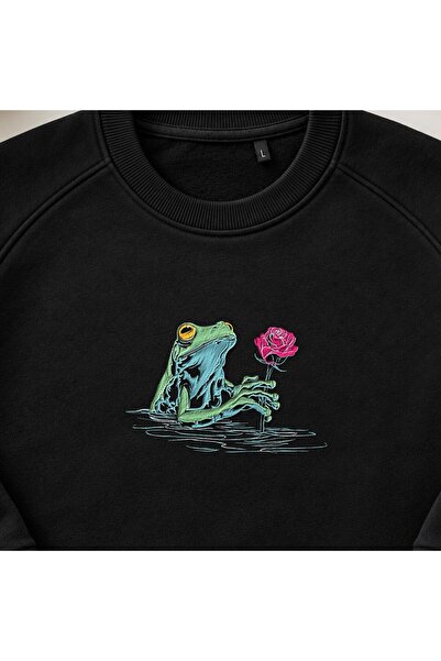 KEYFHOME Rose Holding a Frog Embroidered Crew Neck Sweatshirt Unisex