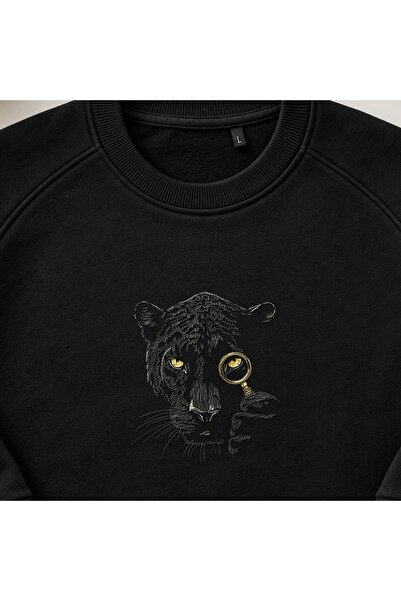KEYFHOME Hanorac unisex cu gât rotund și broderie Detective Panther cu lupă