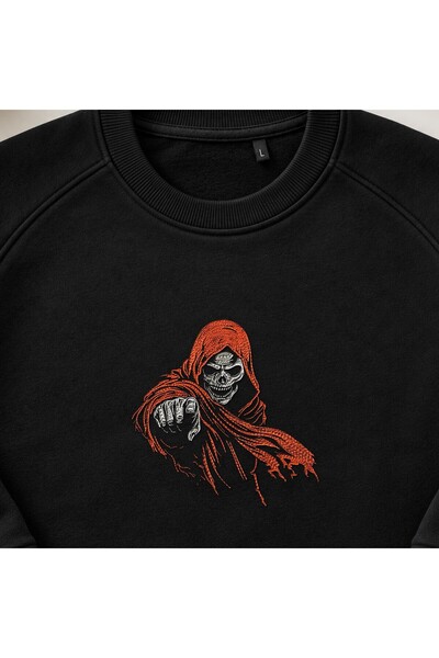 KEYFHOME Hanorac unisex cu glugă roșie și gât de ciclism cu broderie Grim Reaper