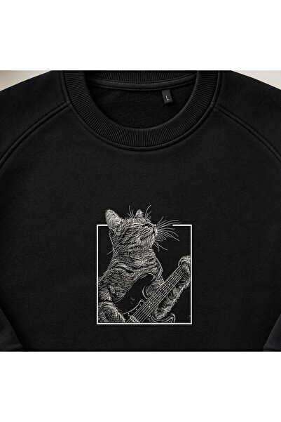 KEYFHOME Guitarist Cat Rock Embroidered Crew Neck Sweatshirt Unisex