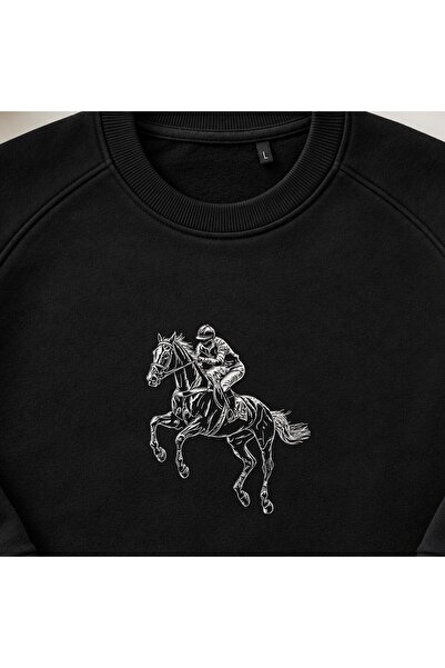 KEYFHOME Galloping Horse and Jockey Embroidered Crew Neck Sweatshirt Unisex