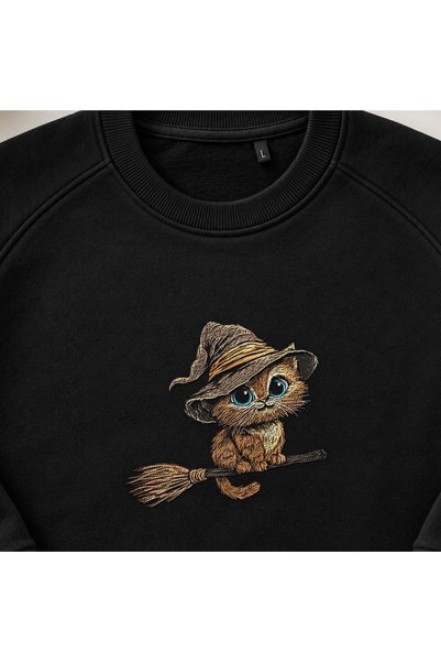KEYFHOME Cute Witch Cat with Broom Embroidered Crew Neck Sweatshirt Unisex