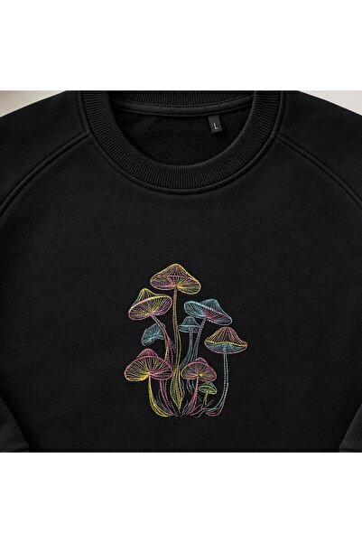 KEYFHOME Neon Psychedelic Mushroom Embroidered Crew Neck Sweatshirt Unisex