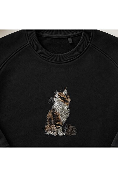 KEYFHOME Long-Haired Persian Cat Elegant Embroidered Crew Neck Sweatshirt Unisex