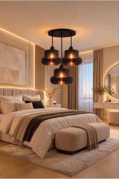 Elizim Home Lighting Alessa 3’lü Tütü Avize – Siyah Tepsili Siyah Tül Başlıkl...