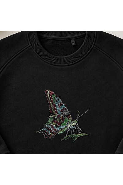 KEYFHOME Boho Green Butterfly Embroidered Crew Neck Sweatshirt Unisex
