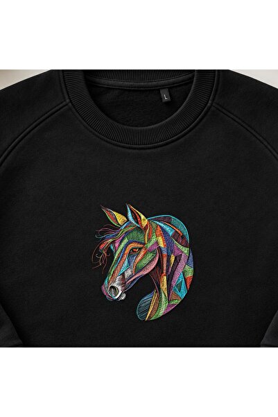 KEYFHOME Rainbow Geometric Horse Head Embroidered Crew Neck Sweatshirt Unisex