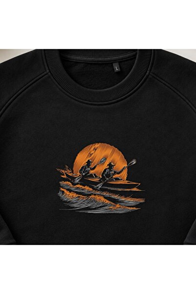 KEYFHOME Hanorac unisex cu gât rotund și broderie Sunset Canoe Duo