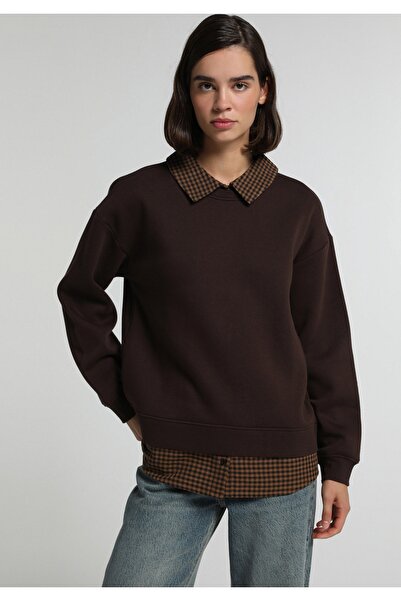 Colin's Regular Fit Shirt Neck Checkered Women's Brown Sweatshirt