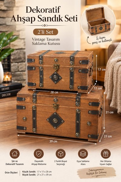 GÖNÜL Dekoratif Ahşap Sandık Seti 2'li Vintage Tasarım Saklama Kutusu