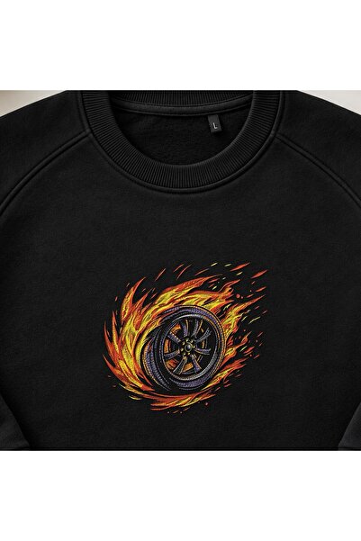 KEYFHOME Flame Racing Tire Embroidered Crew Neck Sweatshirt Unisex