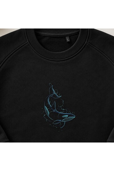 KEYFHOME Hanorac unisex cu gât de ciclism și broderie Orca Whale Ocean Splash