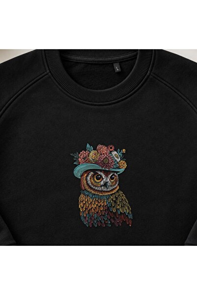 KEYFHOME Hanorac unisex cu gât rotund și broderie cu bufniță Boho cu pălărie ...